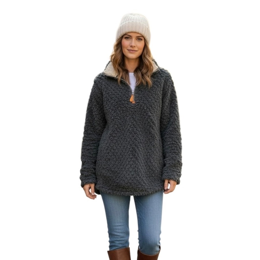 Simply Southern Charcoal Gray Sherpa Fleece Quarter‎ Zip Pullover Sweater Large